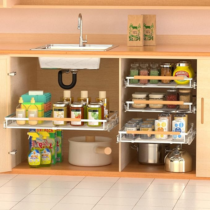 Expandable Pull Out Drawer Cabinet Organizers, Heavy Duty Slide Out Storage Shelf for Home Kitchen Pantry Cupboard Pots Pans, Adjustable Width from 12.1"~18.4", Stainless Steel 2 Pack