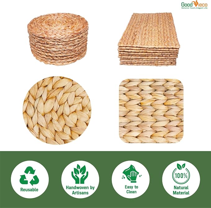 Woven Placemats Set, Handcrafted Water Hyacinth Round Rattan Place Mats for Dining Table, Natural Boho Wicker Farmhouse Table Decor, Indoor Outdoor Chargers (10, Round - 12in)
