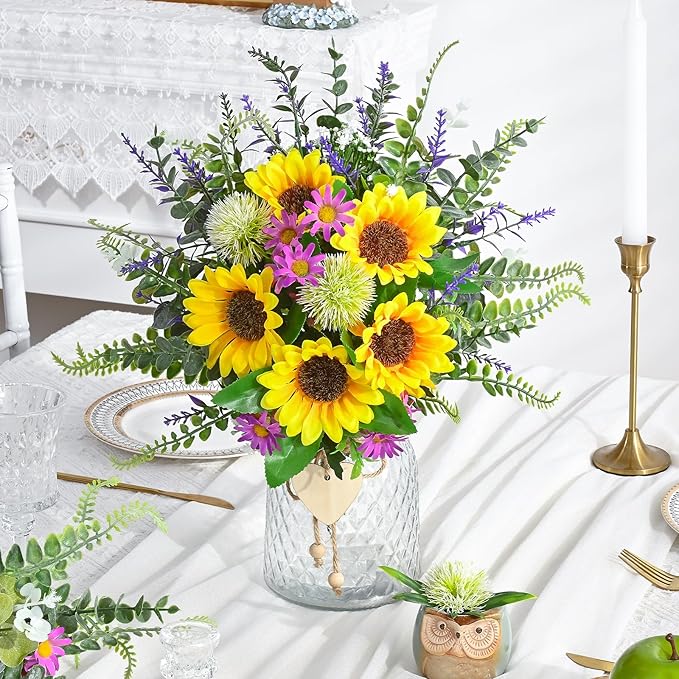 MARTINE MALL Fake Flowers in Vase, Sunflowers Artificial Flowers, Faux Flowers in Vase Centerpiece Table Decorations Silk Sunflower Bouquet Table Centerpieces for Dining Room Coffee Table Decor