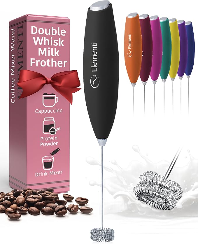 Elementi Milk Frother Wand - Easy to Use Handheld Electric Stirrer for Powder Drinks, Durable & Powerful Coffee Whisk & Protein Powder Mixer Wand, Hand Frother, Coffee Stirrers Electric Mini (Black)