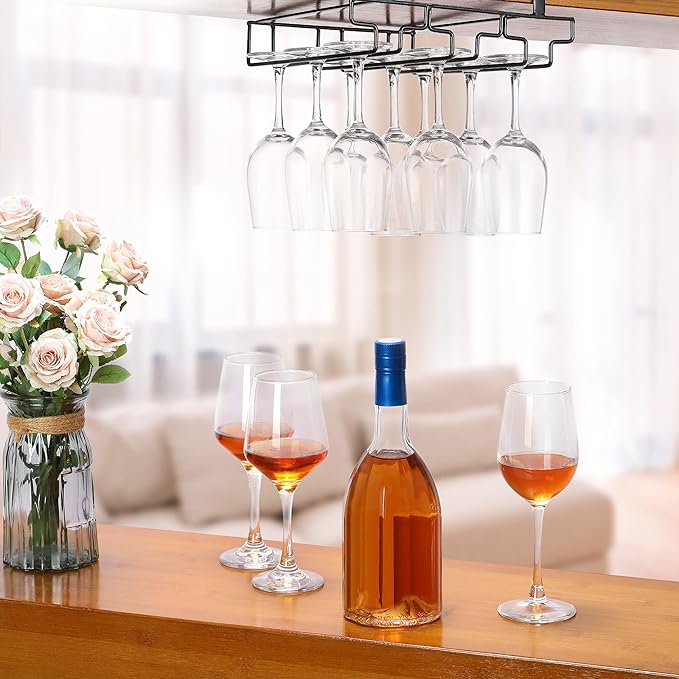 Wine Glass Rack Under Cabinet Drilling Free No Screw Steamware Holder Under Shelf Metal Wine Glasses Holders 304 Stainless Steel Hanger Storage Organizer Hanging Glass Fit for Bar Kitchen 2 Rows Black