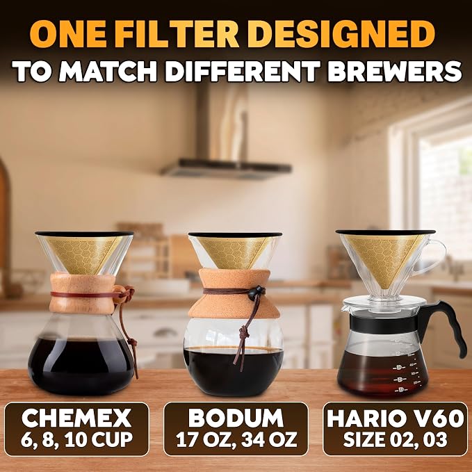 Pour Over Coffee Filter Reusable Stainless Steel - 800 Mesh Gold Cone with Black Ring for Clean, Sediment-Free Brew, Compatible with Hario V60 & Chemex, Paperless Coffee Dripper with Cleaning Brush