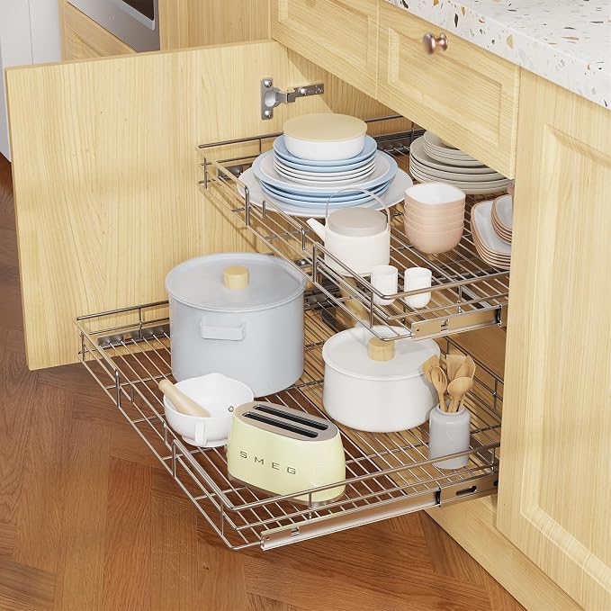 LOVMOR Individual Pull Out Cabinet Organizer, 2 Tier Slide Out Cabinet Drawers, Pots and Pans Organizer and Storage Pantry Shelf for Kitchen (28½" W x 21½" D)