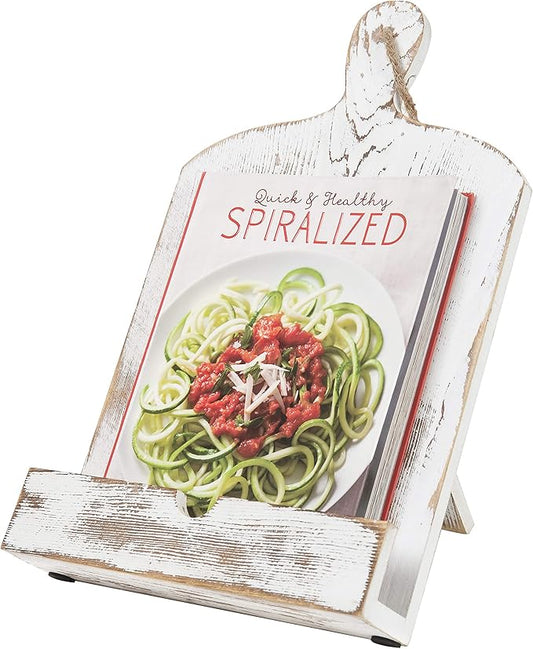 MyGift Recipe Book Holder, Whitewashed Wood Cutting Board Style Cookbook Holder, Wooden Book Stands for Display