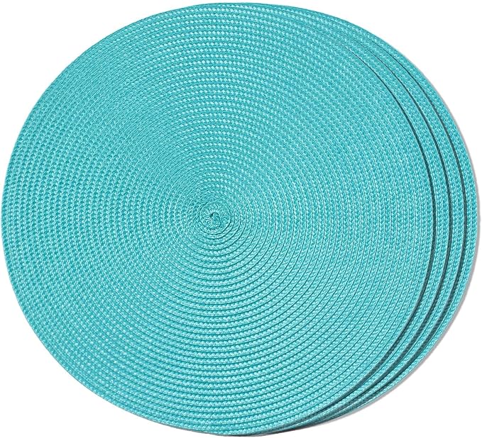 FunWheat Round Braided Placemats Set of 4 Table Mats for Dining Tables Woven Washable Non-Slip Place mats 15inch (Turquoise, 4pcs)