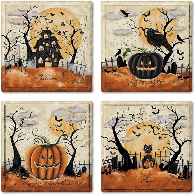 Thirstystone Haunted Valley 4 Pack Assorted Tumbled Tile Stone Coasters with Protective Cork Backing 4" Square Manufactured in the USA