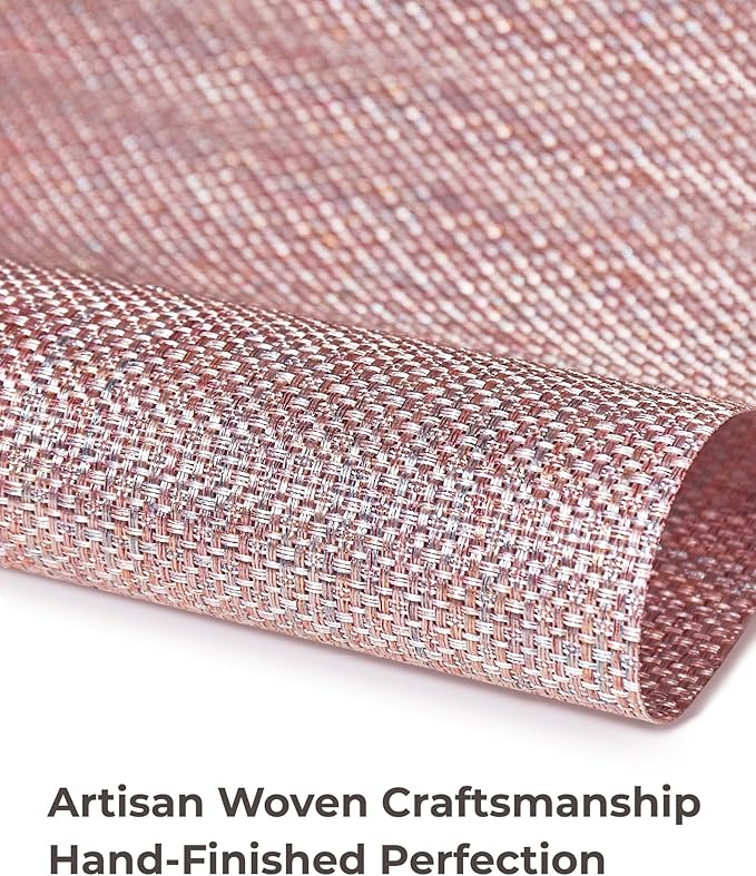 Leetaltree Sparkling Pink Iridescent Vinyl Woven Placemats, Set of 8, Waterproof Washable Dining Table Mats for Wedding, Anniversary, Daily Use & Decor