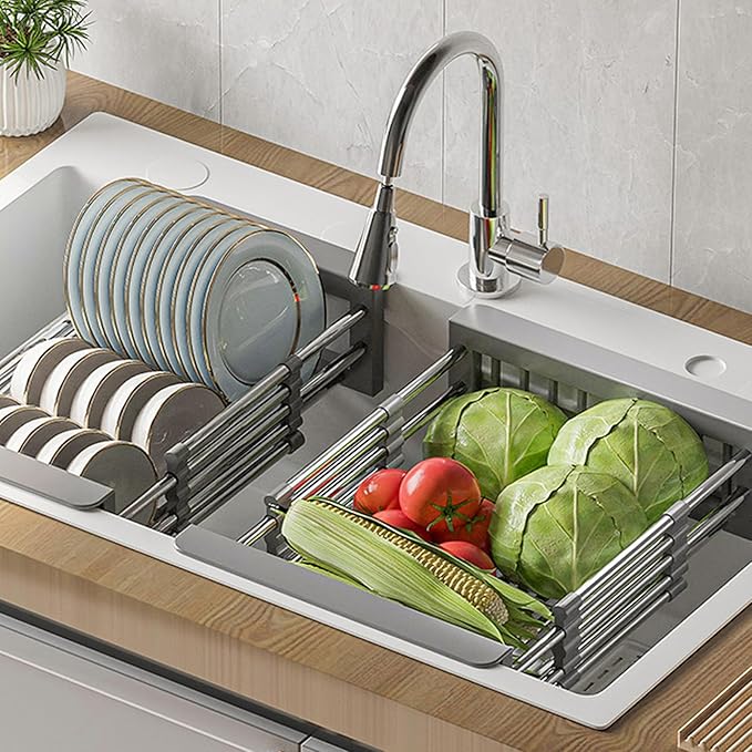 Large Dish Drying Rack - Extendable Dish Rack, Multifunctional Dish Rack for Kitchen Counter, Anti-Rust Dish Drainers with Cutlery and Cup Holders (Black)