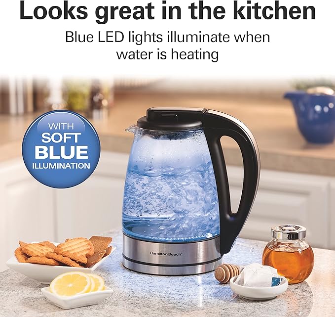 Hamilton Beach Electric Tea Kettle, Water Boiler & Heater, 1 Liter, 1500 Watts for Fast Boiling, BPA Free, Cordless Serving, Auto-Shutoff & Boil-Dry Protection, Blue LED, Glass (40930)