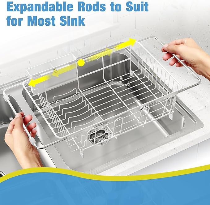 JASIWAY White in Sink Dish Drying Rack, Expandable Stainless Steel Small Dish Rack Over Kitchen Sink, Plate Drainer Strainer with Utensil Holder & Cup Holders, Counter Space Saving Wire Dryer Rack