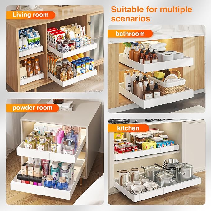 2 Pack Expandable Pull Out Cabinet Organizer, Slide Out Cabinet Shelves with 3 Quiet Rails, Nano Adhesive No Drill Roll Out Drawers for Kitchen, Pantry, Bathroom, 12.6"-20.4" W x 21" D, White