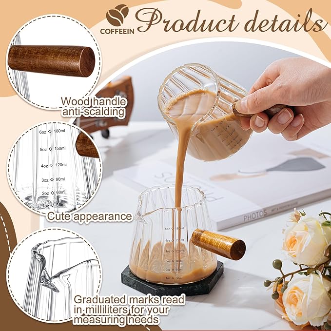 Jingmore 1 Pcs Espresso Shot Glass with Handle, 6 oz/180 ml Espresso Cup with Single V-shaped Mouth, Measuring Cup for Milk Tea Coffee Bar Accessories (Clear)