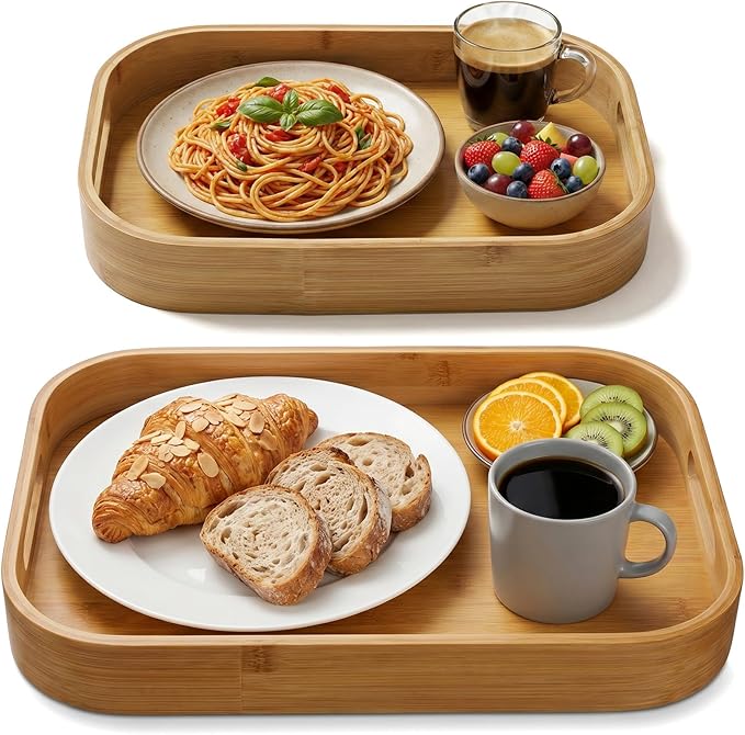 2-Pack Bamboo Serving Trays with Handles (16" & 13") – Large Solid Wood Breakfast Tray for Bed, Food Serving Platter for Coffee, Tea, Dinner, Party, Decorative Tray for Kitchen Counter & Living Room