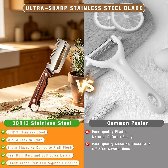 2 Pcs 3-in-1 Multifunctional Vegetable Peele, New Ktchen Multi-function Stainless Steel Thickened Fruit Peeler Knife with Wooden Handle, Kitchen Peeling Tool
