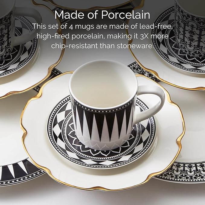 Caskata Elegant Black Oversized Mugs Set of 4 | High-Design Premium Lead-Free Porcelain Mug Set for Entertaining or Everyday | Unique Party Mugs for Wedding or Birthdays | 14 oz