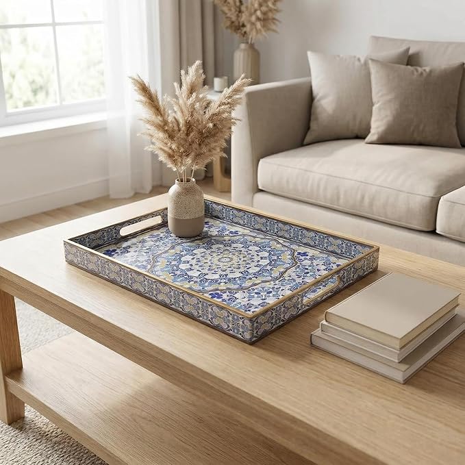 Boho Decorative Tray, Modern Blue Serving Tray with Handles, Ottoman Trays Set of 2, Plastic Coffee Table Tray for Living Room, Bathroom, Kitchen, Decor, Large 15.7”*11.8”, Small 13.7"*9.8"