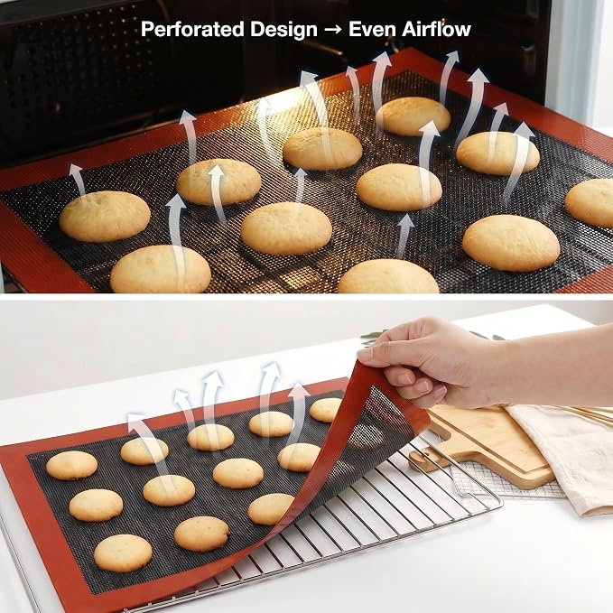 Perforated Silicone Baking Mats for Full Sheet Pan 15x23in, Eclair Silicone Baking Mat, Nonstick Reusable Breathable Air Mat, Heat Resistant, Pack of 2