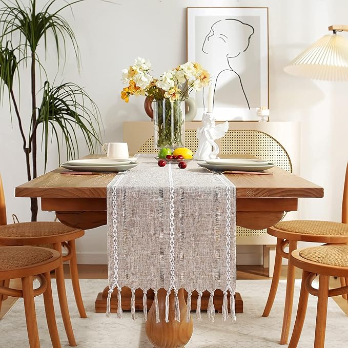 Chassic Fall Rustic Farmhouse Style Linen Table Runner, Boho Handmade Tassel Table Runners 72 Inches Long for Holiday Party, Thanksgiving and Dining Decorations, 13 x 72 inch - Light Coffee