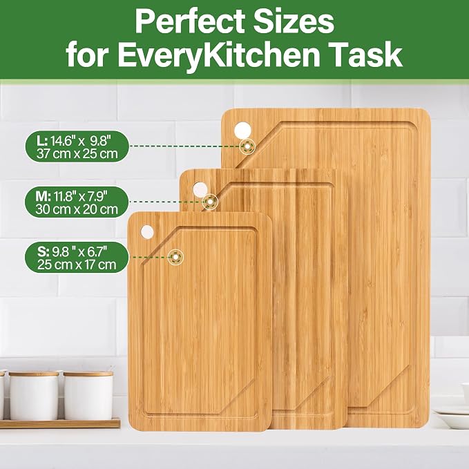 Bamboo Cutting Board For Kitchen, Bamboo Cutting Board Set of 3 with Juice Groove, Double-Sided Chopping Board Serving Board with Hanging Hole for Meat, Vegetables and Cheese