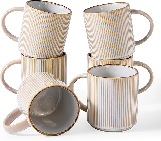 famiware Coffee Mug Set for 6, Star 16 oz Catering Mugs Cup Set with Handle for Coffee, Tea, Cocoa, Milk - Ceramic Stoneware Drinkware Set, Cappuccino White