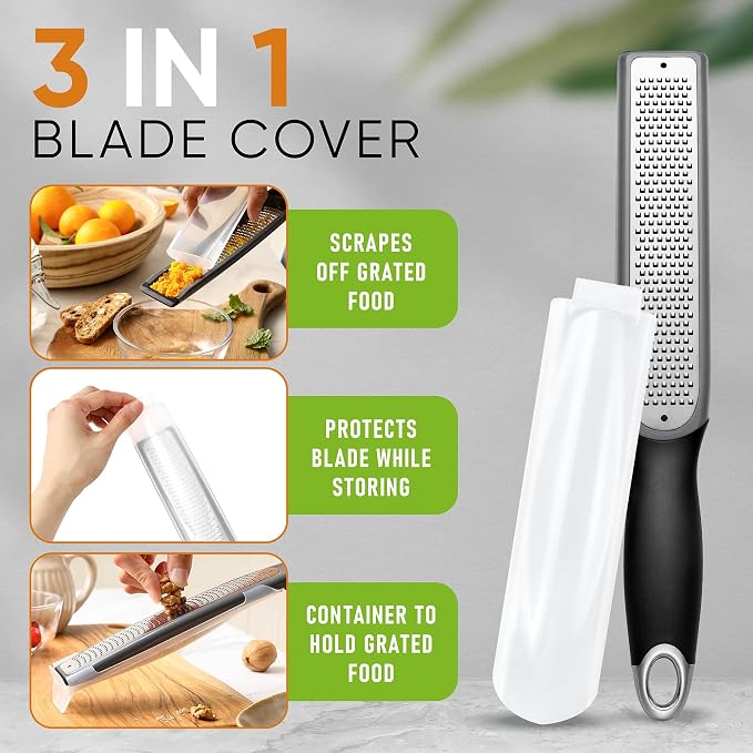 Spring Chef Premium Gray Lemon Zester Grater with Handle - Lime, Garlic, Ginger, Orange, Nutmeg, Fruit Grater - Heavy Duty Kitchen Tool - Stainless Steel Citrus Zester with Blade Cover - Fine Shred