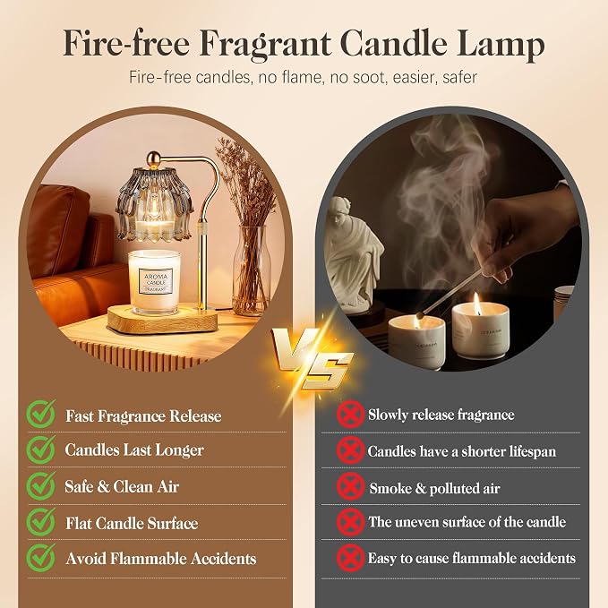 Candle Warmer Lamp with Timer Dimmer, Modern Wax Warmer for Scented Wax Jar Candle Warmer with 2 Bulbs, Adjustable Height Glass Lamp for Gifts for Women, House Warming Gifts, Home Decor, Gold Grey