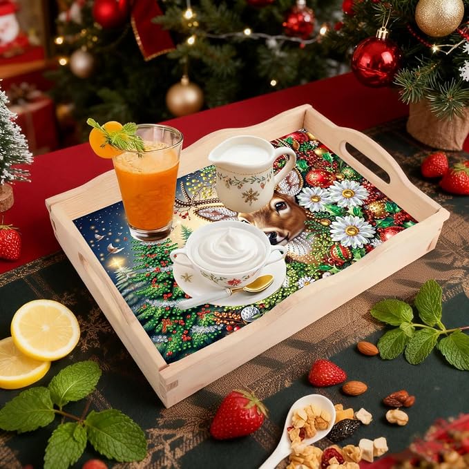 DIY Diamond Serving Tray with Handle Handmade Gem Painting Wooden Rectangular Breakfast Tray for Dinner Plate Coffee Room Living Home Organizer-Christmas Deer
