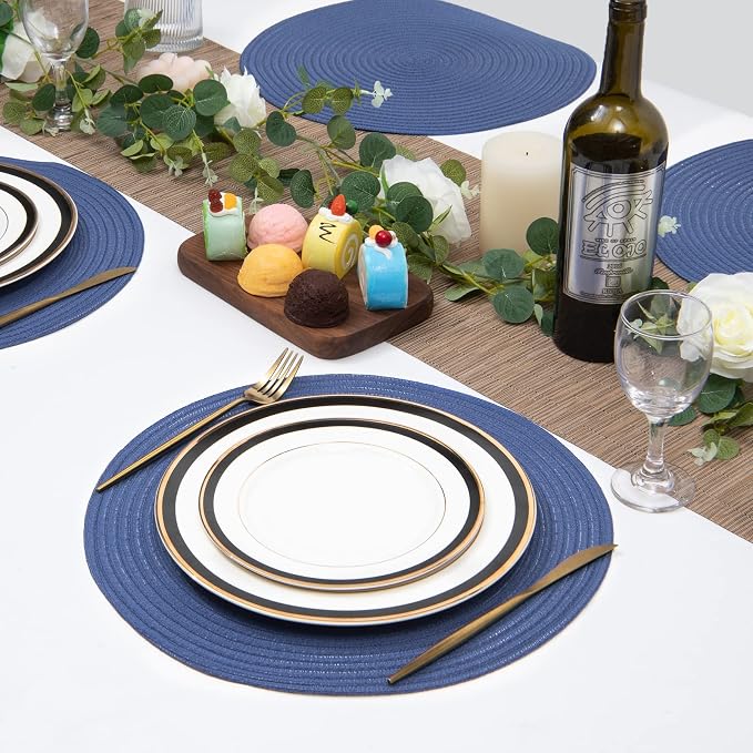 SHACOS Round Placemats Set of 6 Washable 15 inch Round Table Mats Cotton Polyester Woven Braided Place Mats for Dining Table (Sail Blue, 6)