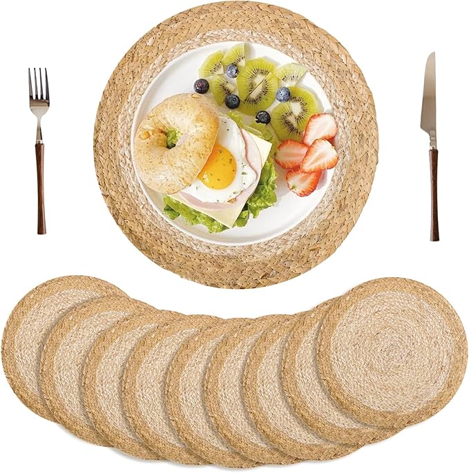 13.5 in Round Woven Place Mats Set of 10, Boho Placemats Rattan Chargers for Dinner Plates, Farmhouse Rustic Placemats Wicker Table Mats Braided Chargers, Natural Beige & Light Brown