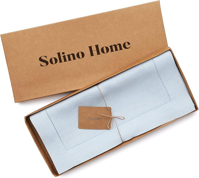 Solino Home Linen Light Blue Table Runner 90 Inches Long - 100% Pure Linen Hemstitch 14 x 90 Inch Table Runner for Dining, Summer - Classic Hemstitch