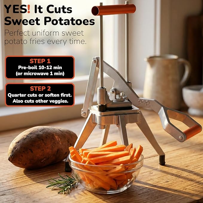 Commercial Grade French Fry Cutter, Sweet Potato & Yam Capable, Removable Legs and Case for Compact Storage, 3 Blade Sizes (1/4"- 3/8"- 6-Wedge), Potato, Fruit and Vegetable Slicer & Dicer by POP