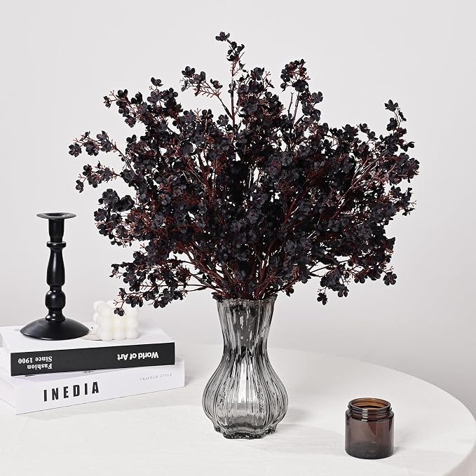 Waipfaru 15Pcs Halloween Flowers Babys Breath Silk Artificial Black Flowers Gypsophila Bouquets Bulk Real Touch Black Stems for Halloween Decorations DIY Floral Arrangement Table Centerpieces