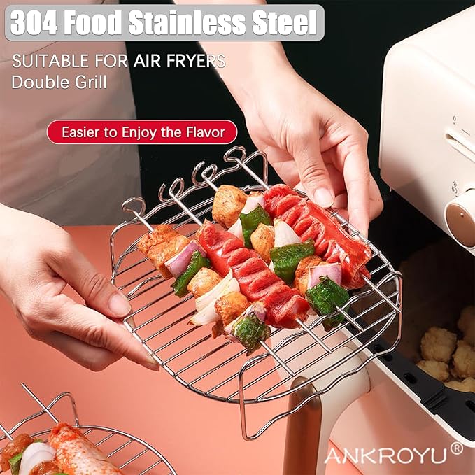 Air Fryer Baking Tray, Non-Stick Stainless Steel BBQ Rack, Double Layer Skewers Baking Tray, Round Air Fryer Rack, Cooling and Steaming Rack Basket for Baking, Grilling & Roasting