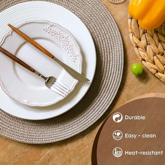 FunWheat Round Braided Placemats Set of 4 Table Mats for Dining Tables Woven Washable Non-Slip Place mats 15 inch(Taupe, 4pcs)