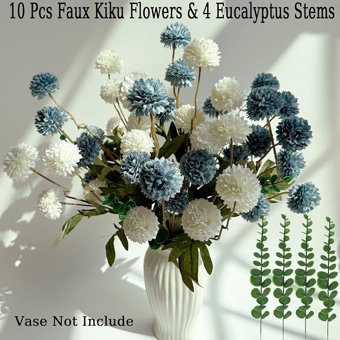 10pcs Faux White & Blue Kiku Flowers, 5 Heads Each Stem & 4 Branches Eucalyptus Stems, Artificial Small Mini Chrysanthemum Flowers for Aesthetic Room Decor, Floral Arrangements Centerpiece