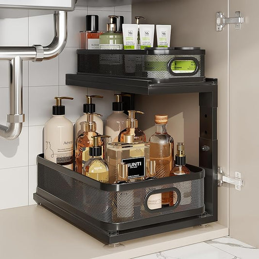 1 Pack 15IN-Depth Under Sink Organizer with Next-Gen Ball-Bearing Slides,2-Tier Precision Mesh Pull Out Cabinet Storage for Bathroom&Kitchen,Height Adjustable Drawers Shelf,Anti-Rust-Black