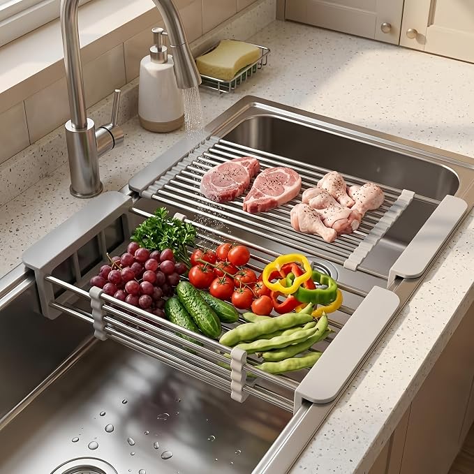 Adjustable Countertop Over Sink Dish Drying Rack, Gray, Small | Stainless Steel, Adjustable Countertop Drainer, For Plates, Bowls, Utensils, Kitchen Organizer