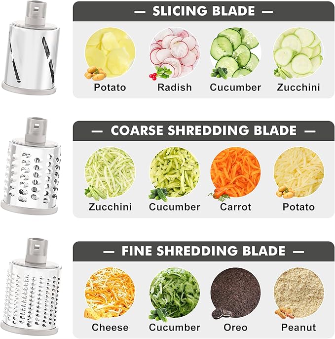 GDL Cheese Grater Hand Crank - Upgraded 6-in-1 Cheese Grater with Handle and Strong Suction Base, Multi-purpose Cheese Shredder Vegetable Slicer Ice Shaver for Potato, Vegetables, Nuts, Chocolate