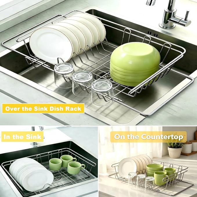 Dish Drying Rack in Sink & Over The Sink, Expandable Stainless Steel Dish Drainers for Kitchen Counter, Inside Sink Dish Dryer Rack, Rust-Resistant, Silver