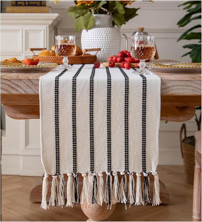 Caflife Boho Table Runner 108 Inchs Long Black and Beige, Cotton and Linen Woven with Tassels, for Modern Rustic Farmhouse Neutral Table Runners, Bohemian Kitchen Dining Table Home Decor