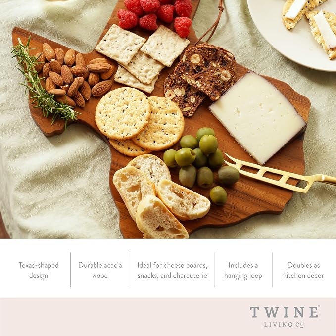 Twine Texas-Shaped Acacia Wood Cheese Board - Durable Cheese, Charcuterie and Serving Platter with Hanging Loop, Perfect for Entertaining and Kitchen Décor, Texas Cutting Board, Set of 1