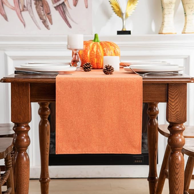 Table Runner 13 x108 Inches Long, Cotton Linen Farmhouse Style Orange Table Linen for Kitchen Dining Coffee Table Parties Wedding Home Decor (Fall-Orange, 13” x 108”)