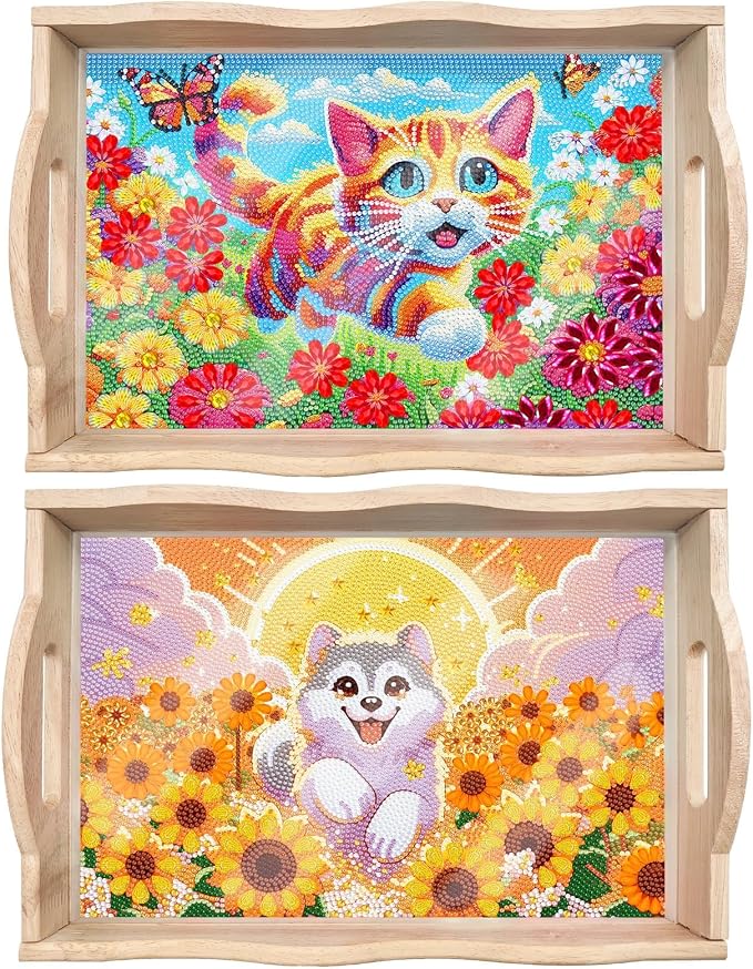 Generic 2Pcs DIY Diamond Serving Tray Rectangular Upgrade Increase Breakfast Tray with Handles Handmade Diamond Art Painting Wooden Tray Dinner Plate for Coffee Living Room Home Organizer-02