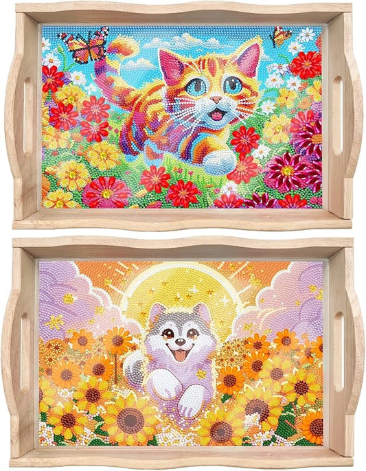 Generic 2Pcs DIY Diamond Serving Tray Rectangular Upgrade Increase Breakfast Tray with Handles Handmade Diamond Art Painting Wooden Tray Dinner Plate for Coffee Living Room Home Organizer-02
