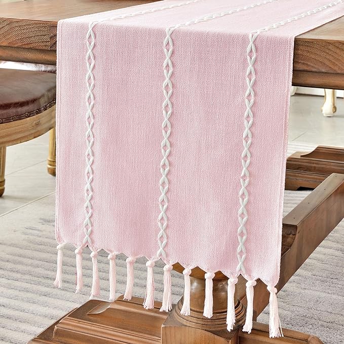 Wracra Rustic Linen Table Runner Farmhouse Style Table Runners 108 inches Long Embroidered Table Runner with Hand-Tassels for Party, Dresser Decor and Dining Room Decorations (Pink, 13"×108")