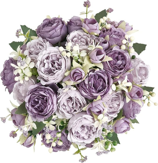 Mkono Peonies Artificial Flowers, Small Silk Flowers for Home Decor Indoor Fake Bouquet Faux Floral Arrangements Dining Table Centerpieces for Kitchen Party Decor Purple
