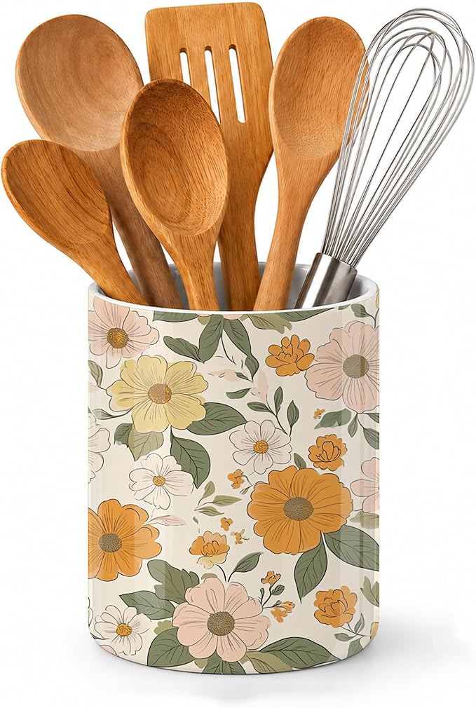 Kitchen Utensil Holder,Retro Boho Groovy Flower Ceramic Utensil Crock for Countertop,Cooking Tools Storage jar for Spatulas and Spoons,Housewarming Gifts 6.3"