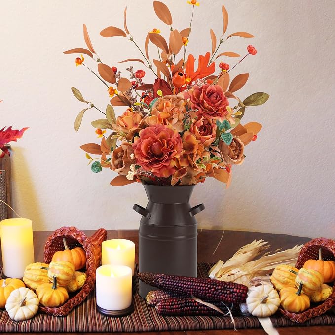 Krissing Artificial Fall Flowers with Metal Pot Faux Autumn Hydrangea Silk Flowers Bouquets with Fall Floral Stems Fall Flowers Arrangements for Table Centerpieces Vase Mantle Home Fall Decor