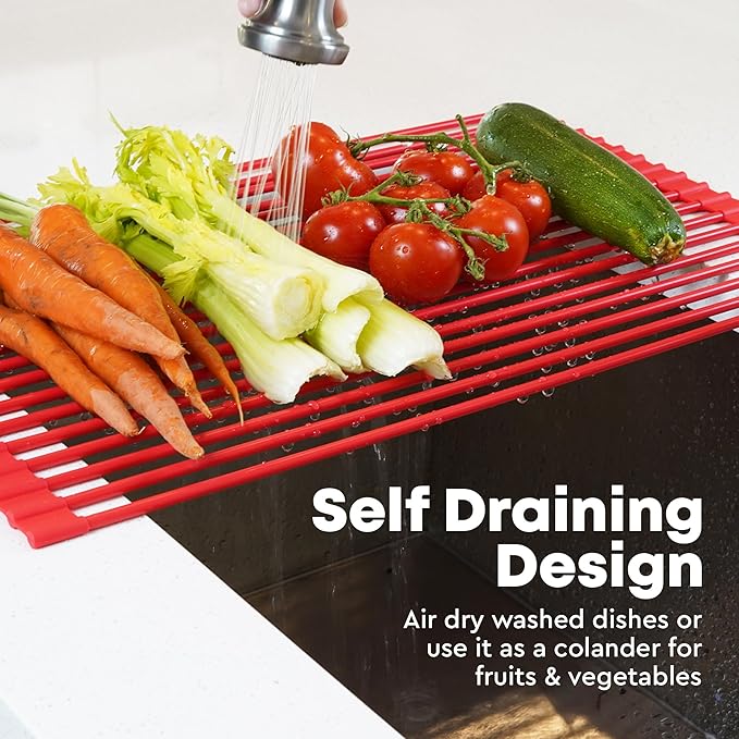 Zulay Kitchen Large Roll Up Dish Drying Rack - Heavy Duty Silicone Wrapped Steel Rods Over Sink Dish Drying Rack - Versatile Roll Up Sink Drying Rack & Trivet - Red,20.5 inches x 13 inches