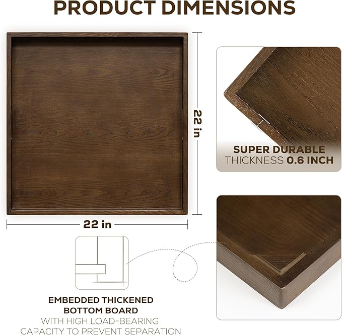 Axeman 22 Inch Large Square Wooden Ottoman Tray for Living Room|Extra Large Serving Tray with Handles for Coffee Table, Breakfast|Decorative Wood Tray for Ottoman Couch Sofa Kitchen|Walnut